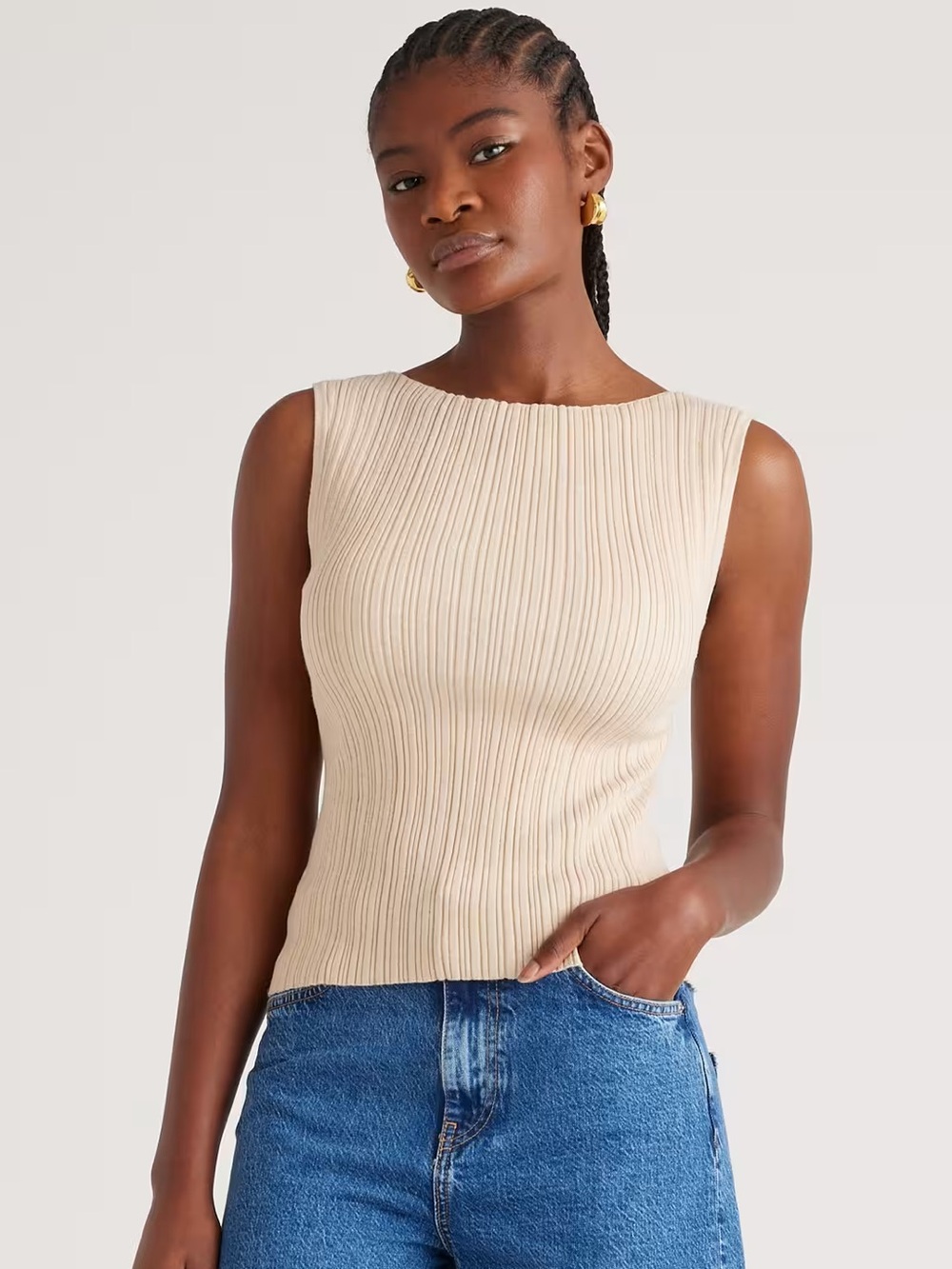 NWT Quince Women’s XS Cotton Blend Cashmere Ribbed Boat Neck Tank Heather Cream